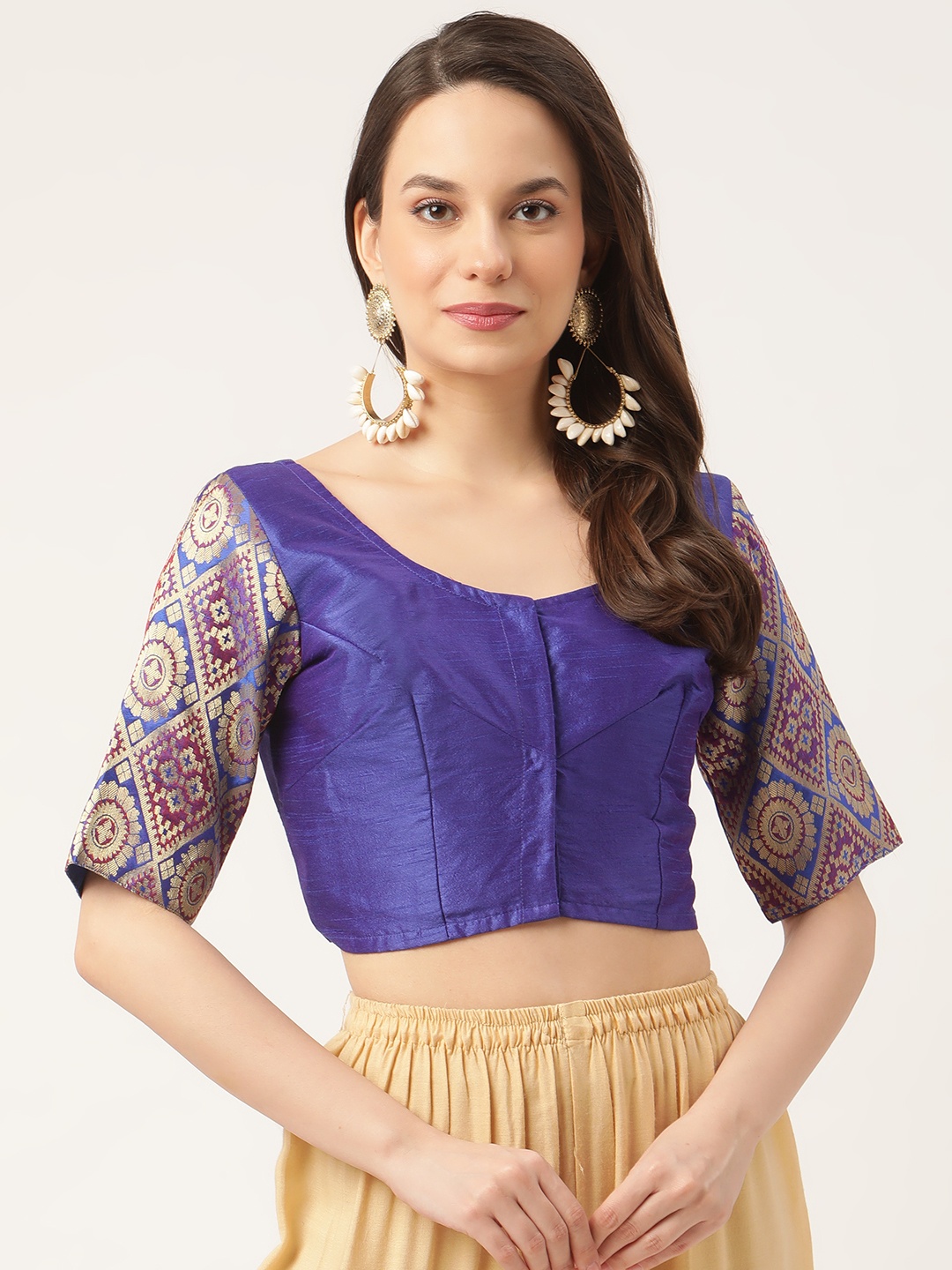 

Studio Shringaar Blue & Gold-Coloured Brocade Sleeves Saree Blouse