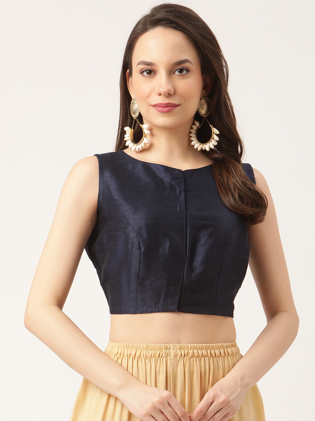 

Studio Shringaar Sleeveless Saree Blouse With Embroidered Back, Navy blue