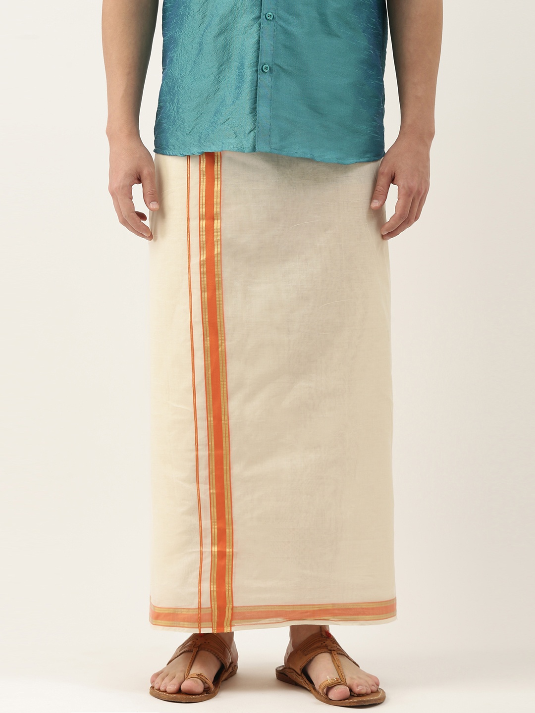 

Thangamagan Off-White & Orange Solid Cotton Fancy Border Dhoti With Stripe Detail