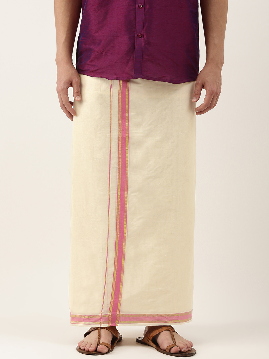 

Thangamagan Off-White & Pink Solid Cotton Fancy Border Dhoti With Stripe Detail