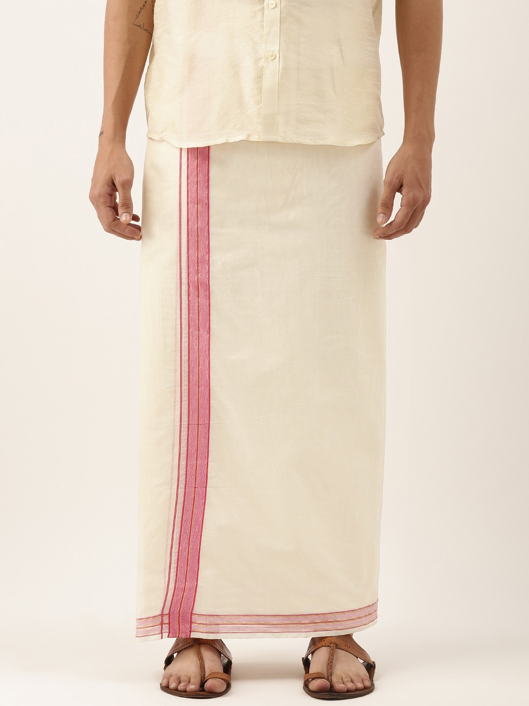 

Thangamagan Off-White & Pink Solid Cotton Fancy Border Dhoti With Stripe Detail