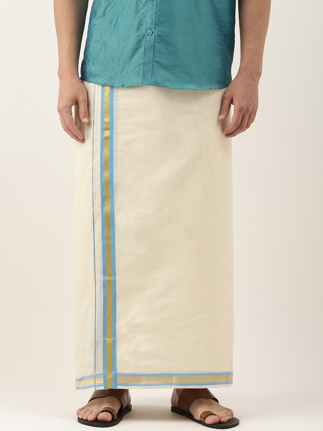 

THANGAMAGAN Men Off-White Solid Pure Cotton Dhoti with Fancy Border