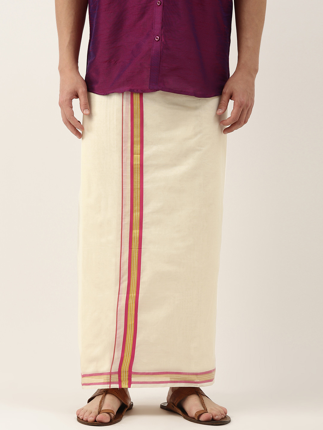 

THANGAMAGAN Men Off-White Solid Pure Cotton Dhoti with Fancy Border