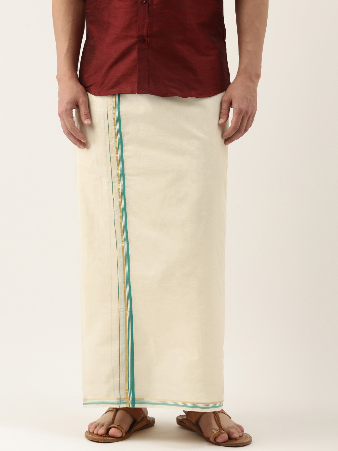 

Thangamagan Off-White & Green Solid Cotton Fancy Border Dhoti With Stripe Detail