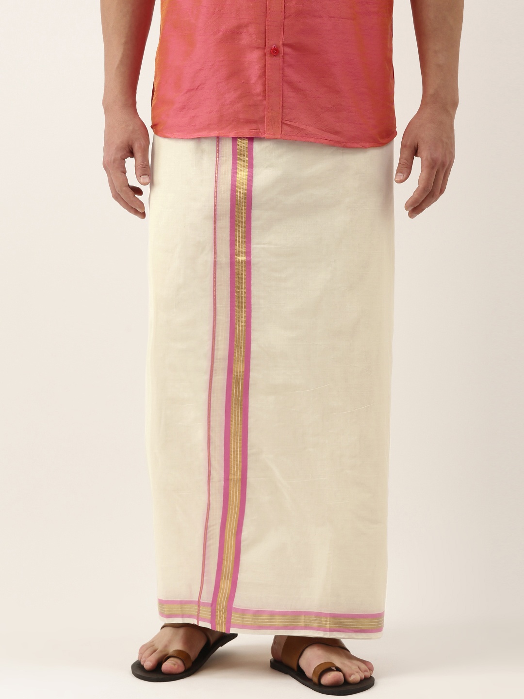 

THANGAMAGAN Men Off-White Solid Pure Cotton Dhoti with Fancy Border