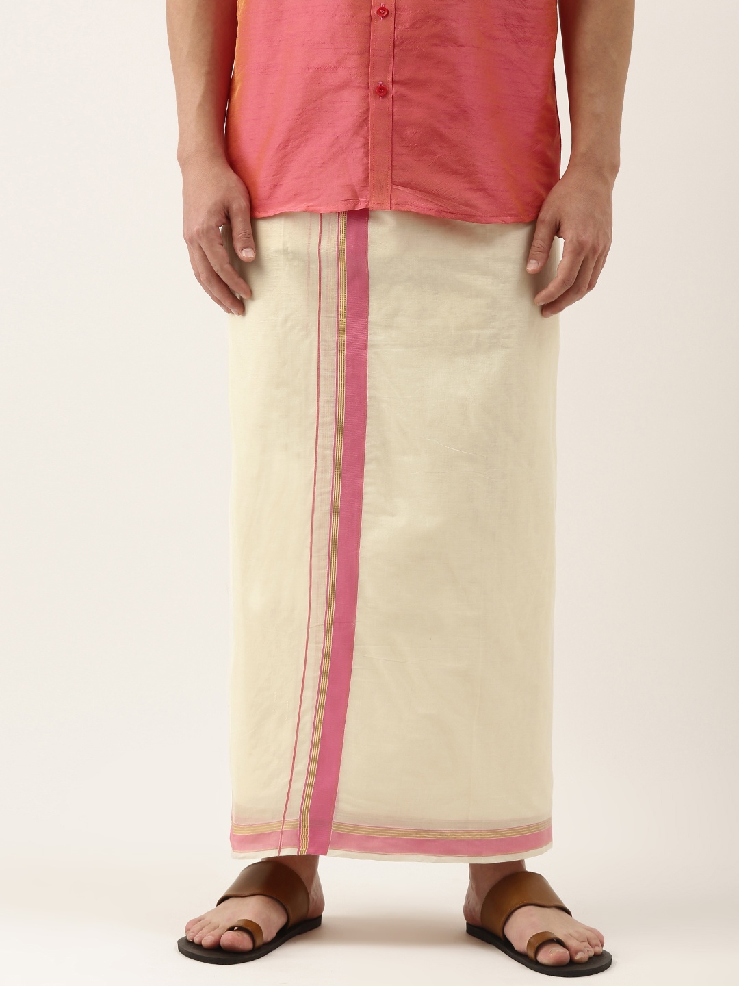 

Thangamagan Men Off-White & Green Solid Cotton Fancy Border Dhoti With Stripe Detail
