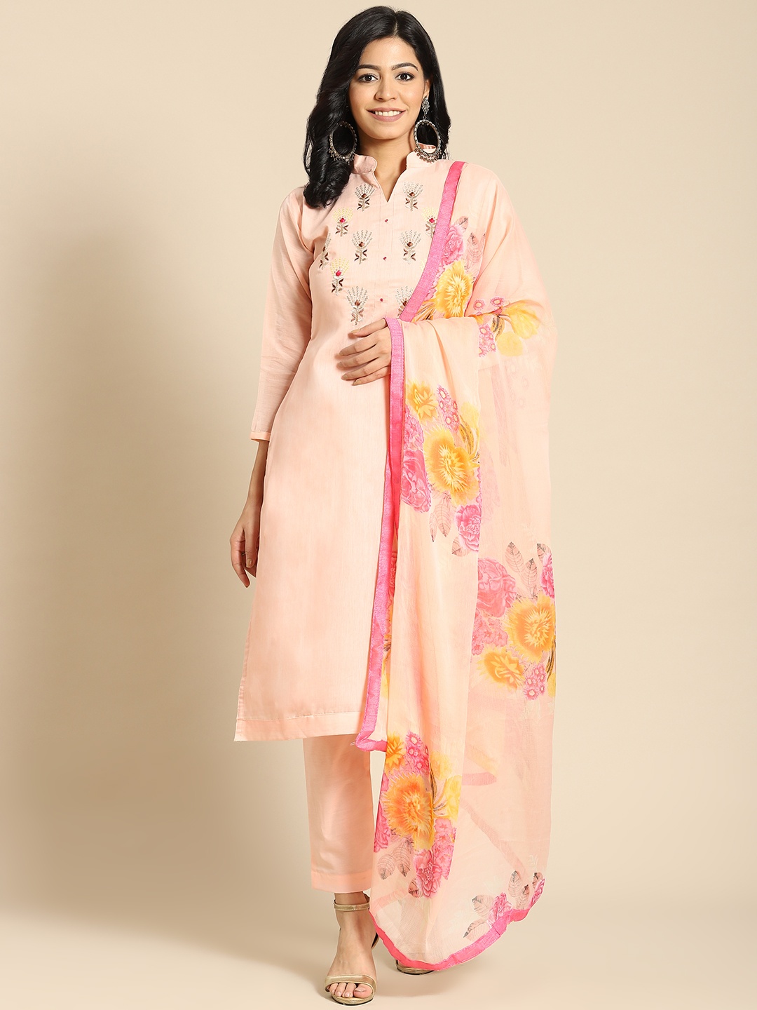 

Saree mall Peach-Coloured Embroidered Unstitched Dress Material