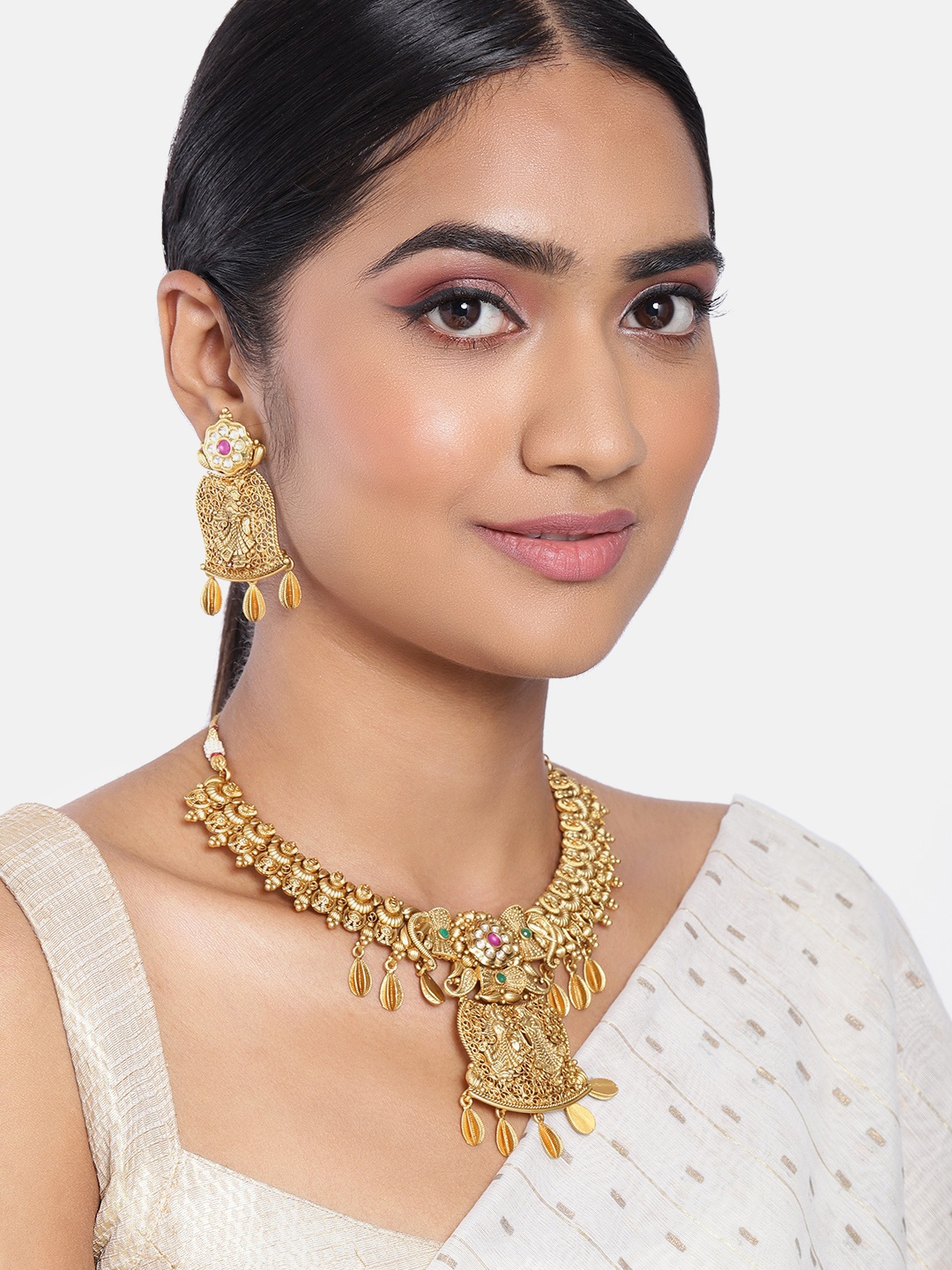 

I Jewels Gold Plated Uncut Polki Kundan-Studded Embellished Jewellery Set, Pink