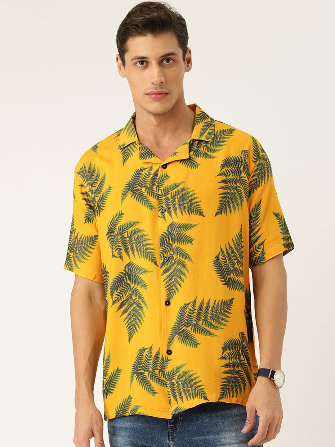 

bedgasm Men Yellow Relaxed Tailored Fit Opaque Printed Casual Shirt