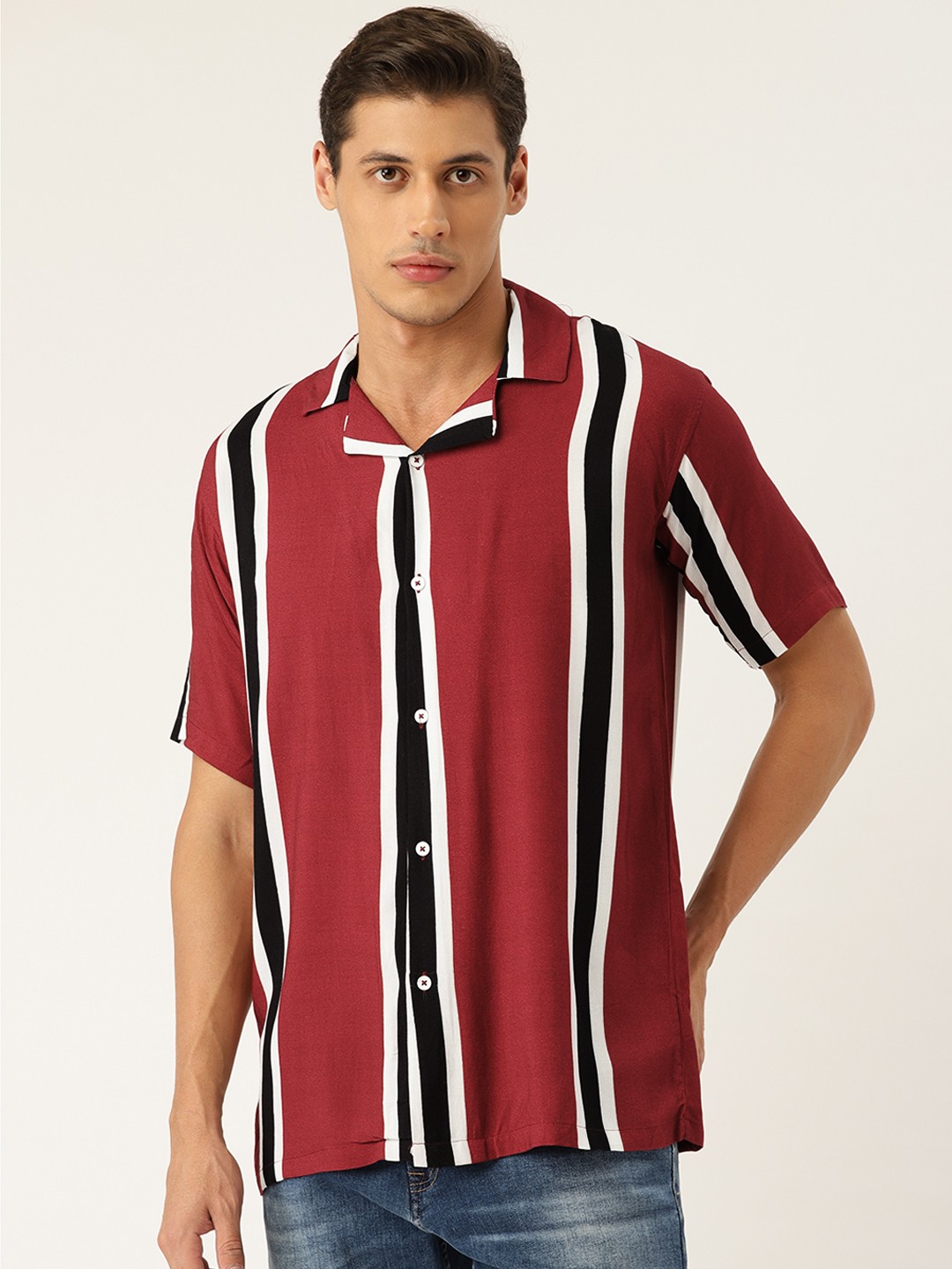 

bedgasm Men Red Relaxed Tailored Fit Opaque Striped Casual Shirt