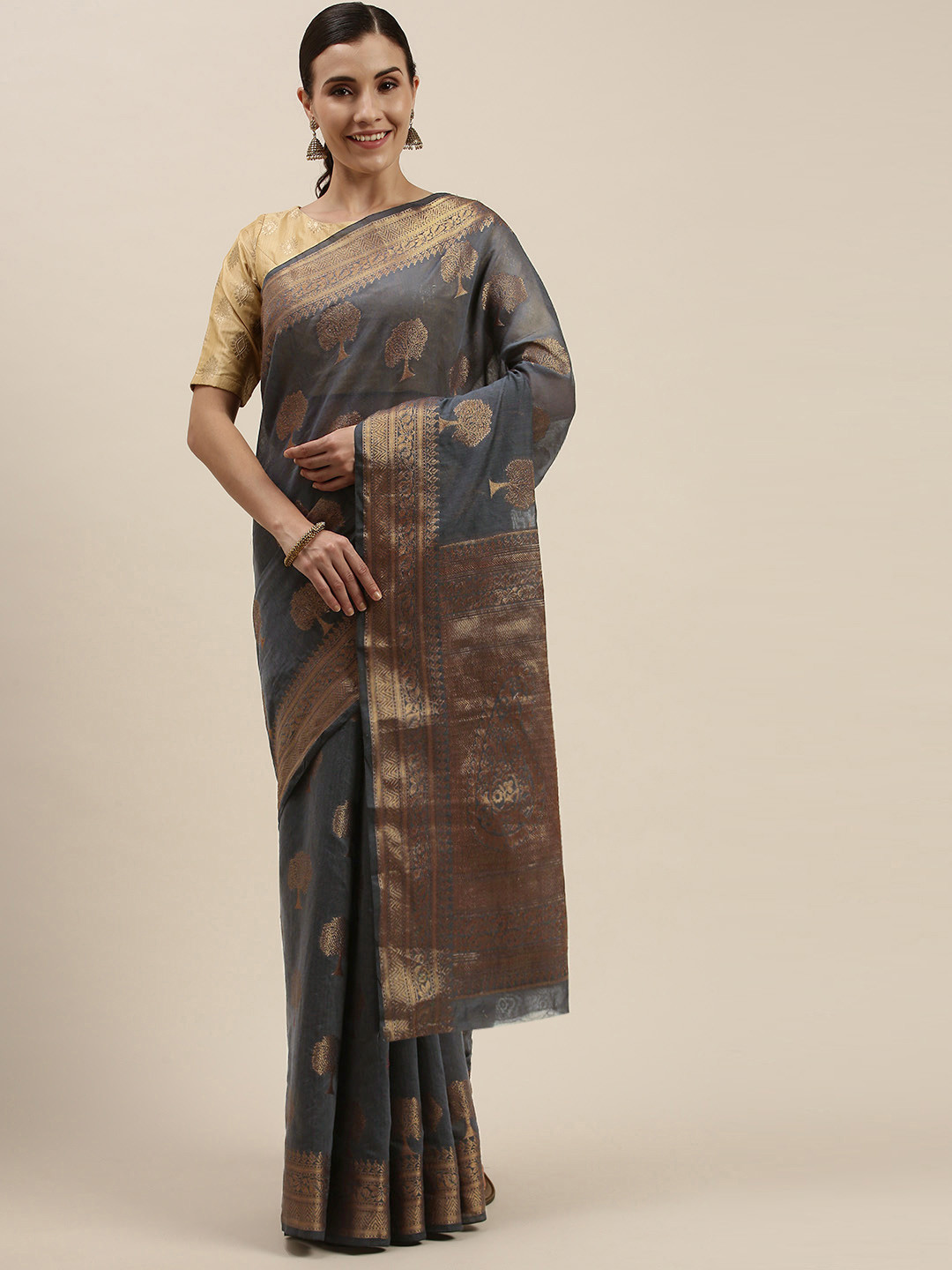 

Mitera Grey & Gold-Toned Floral Zari Saree