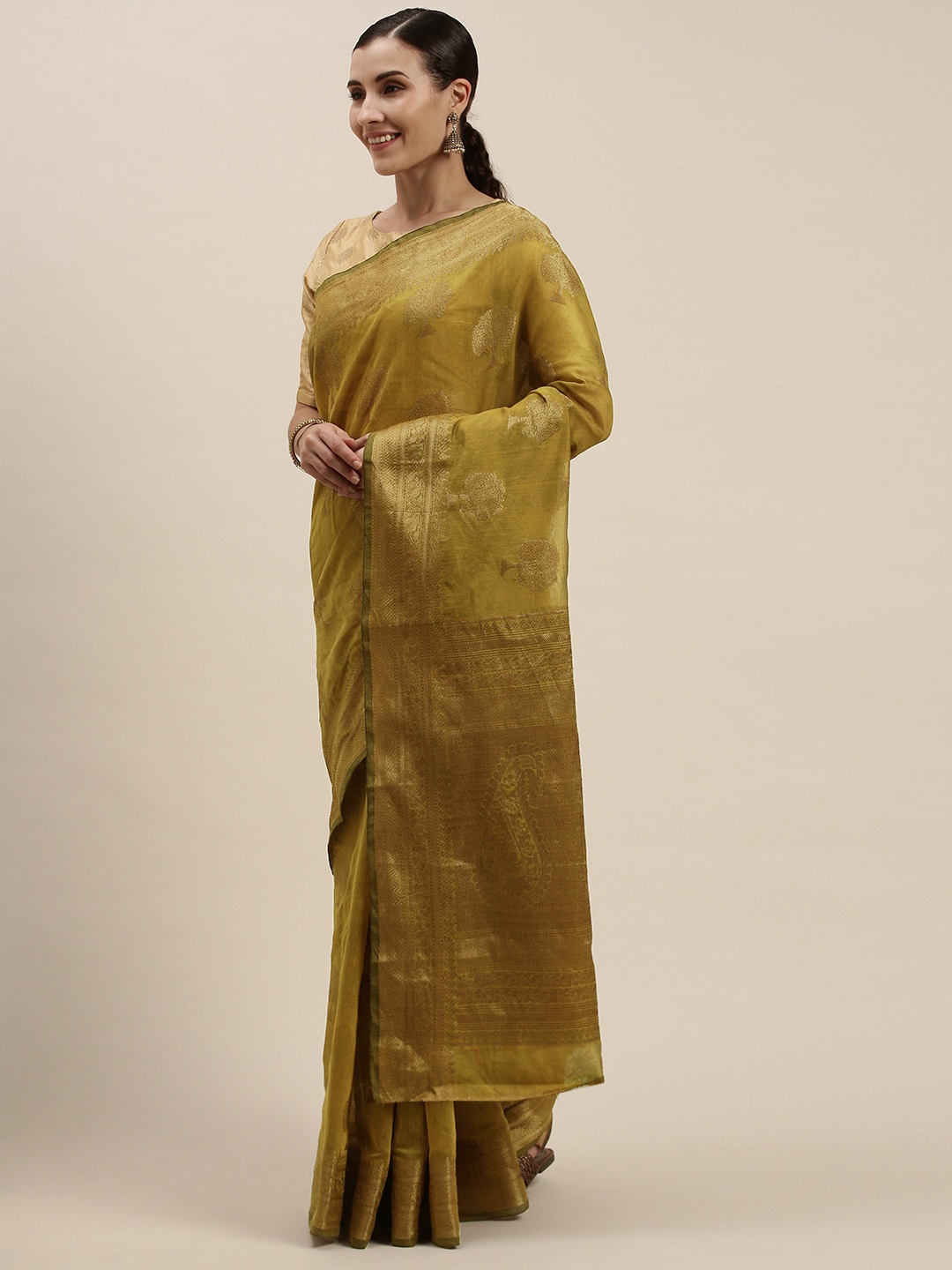 

Mitera Lime Green & Gold-Toned Floral Zari Saree