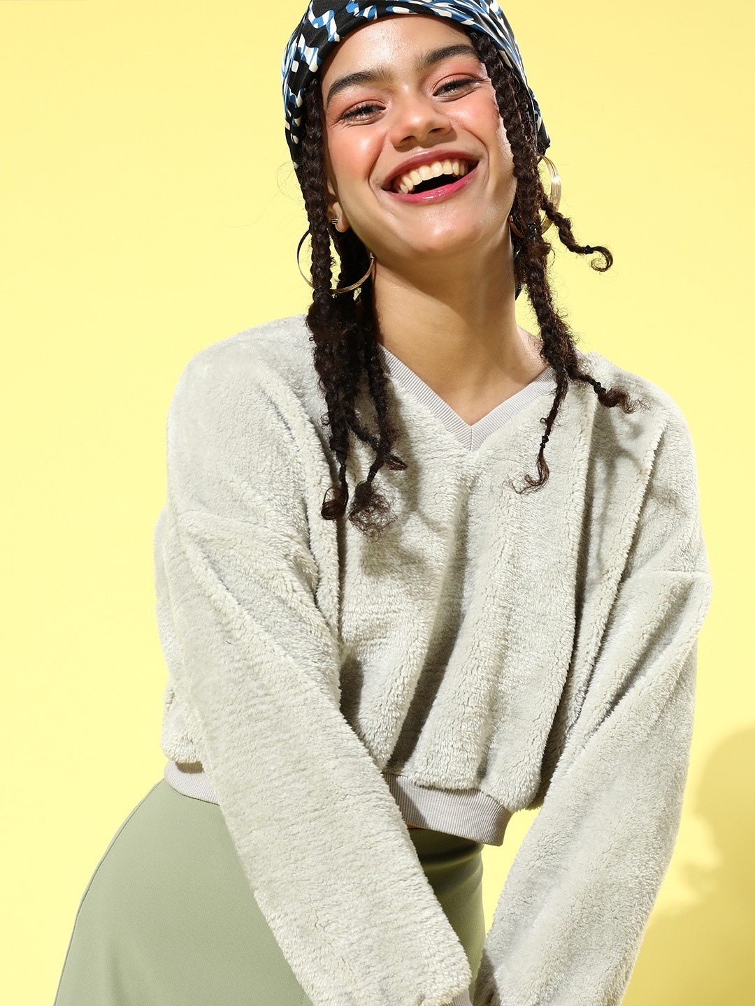 

SASSAFRAS Women Alluring Grey Solid Faux Fur Sweatshirt