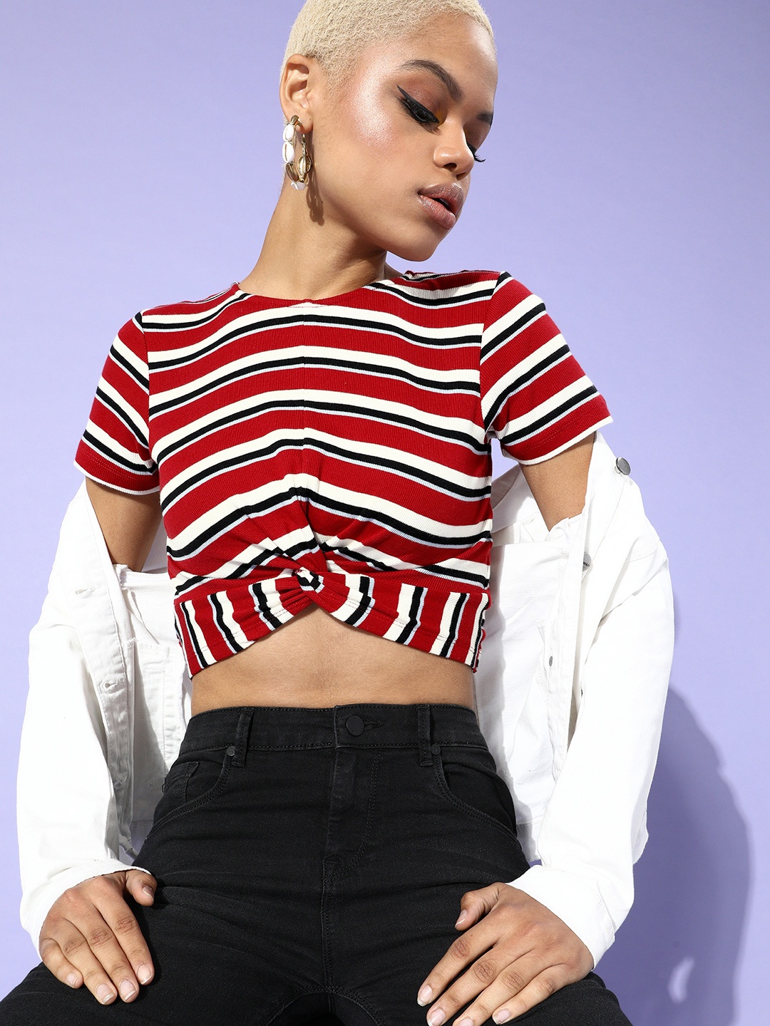 

SASSAFRAS Women Red Horizontal Stripes Knitted Top