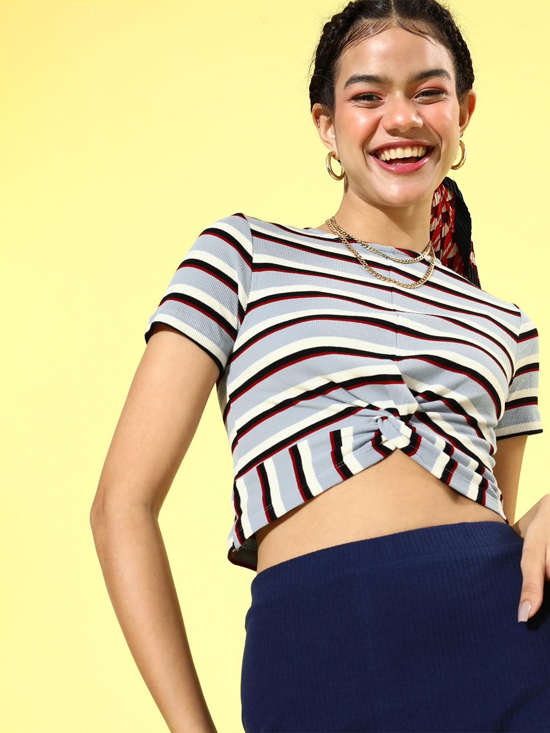 

SASSAFRAS Women Stunning Blue Horizontal Stripes Cropped Top