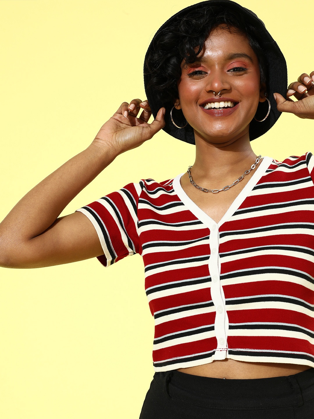 

SASSAFRAS Women Gorgeous Red Horizontal Stripes Top