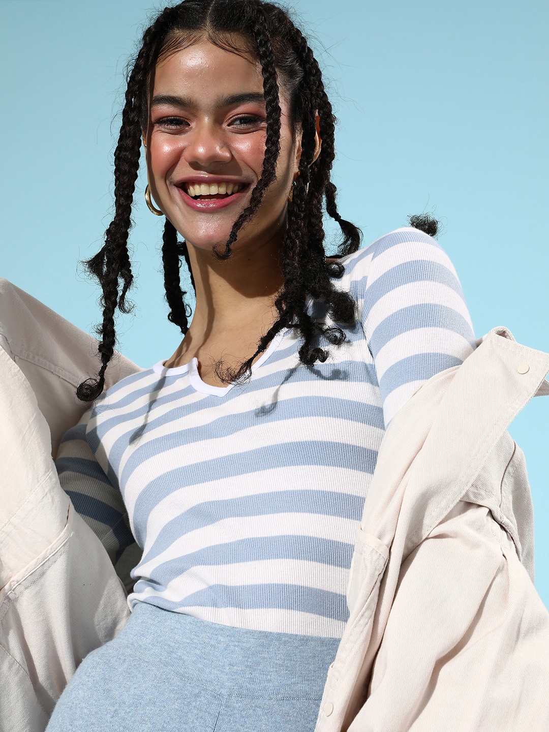 

SASSAFRAS Women Blue Striped Knitted Tshirt