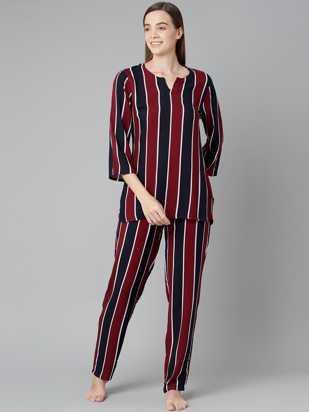 

RUNWAYIN Women Blue & Red Striped Night suit