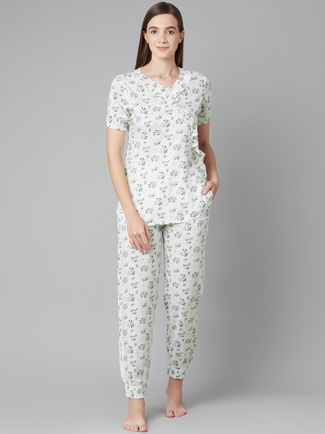

RUNWAYIN Women White Printed Night suit