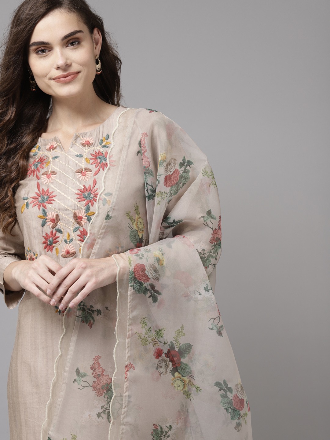 

Indo Era Women Brown Floral Embroidered Regular Kurta with Trousers & With Dupatta