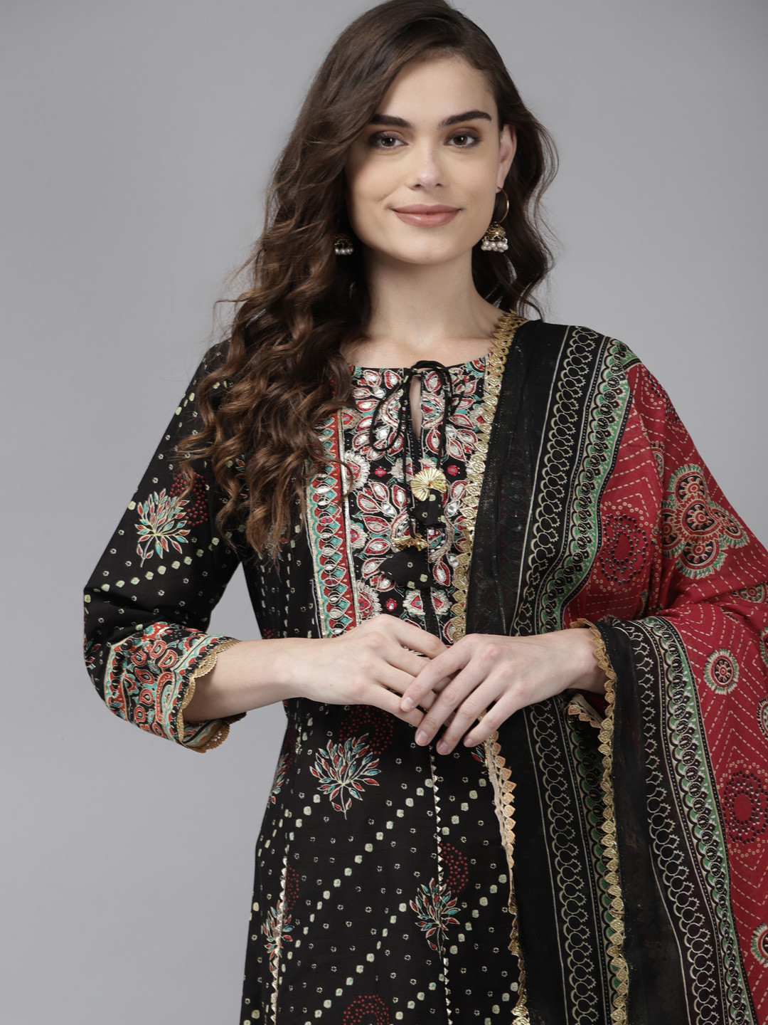 

Indo Era Women Black Embroidered Regular Gotta Patti Kurta with Trousers & Dupatta