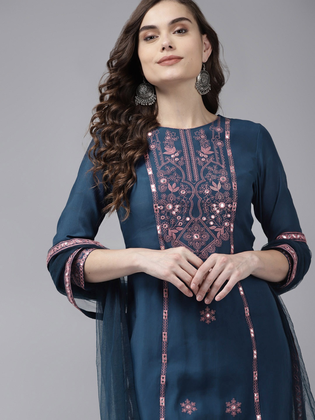 

Indo Era Women Navy Blue Floral Embroidered Regular Kurta with Trousers & With Dupatta
