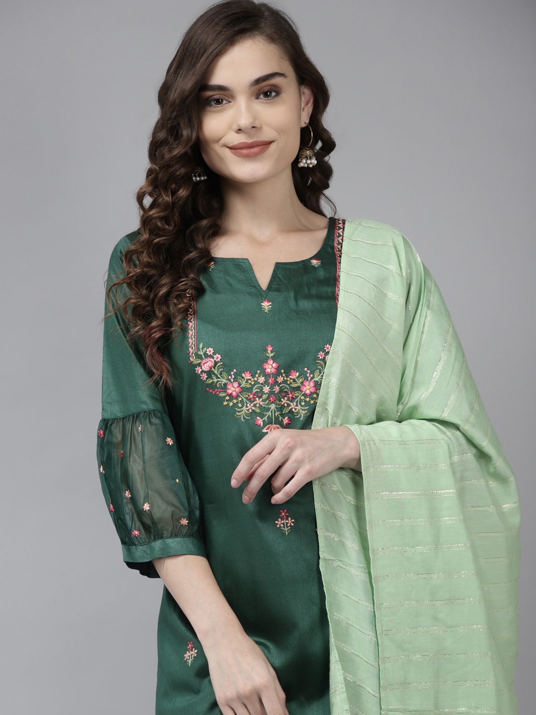 

Indo Era Women Green Floral Embroidered Regular Kurta with Trousers & With Dupatta