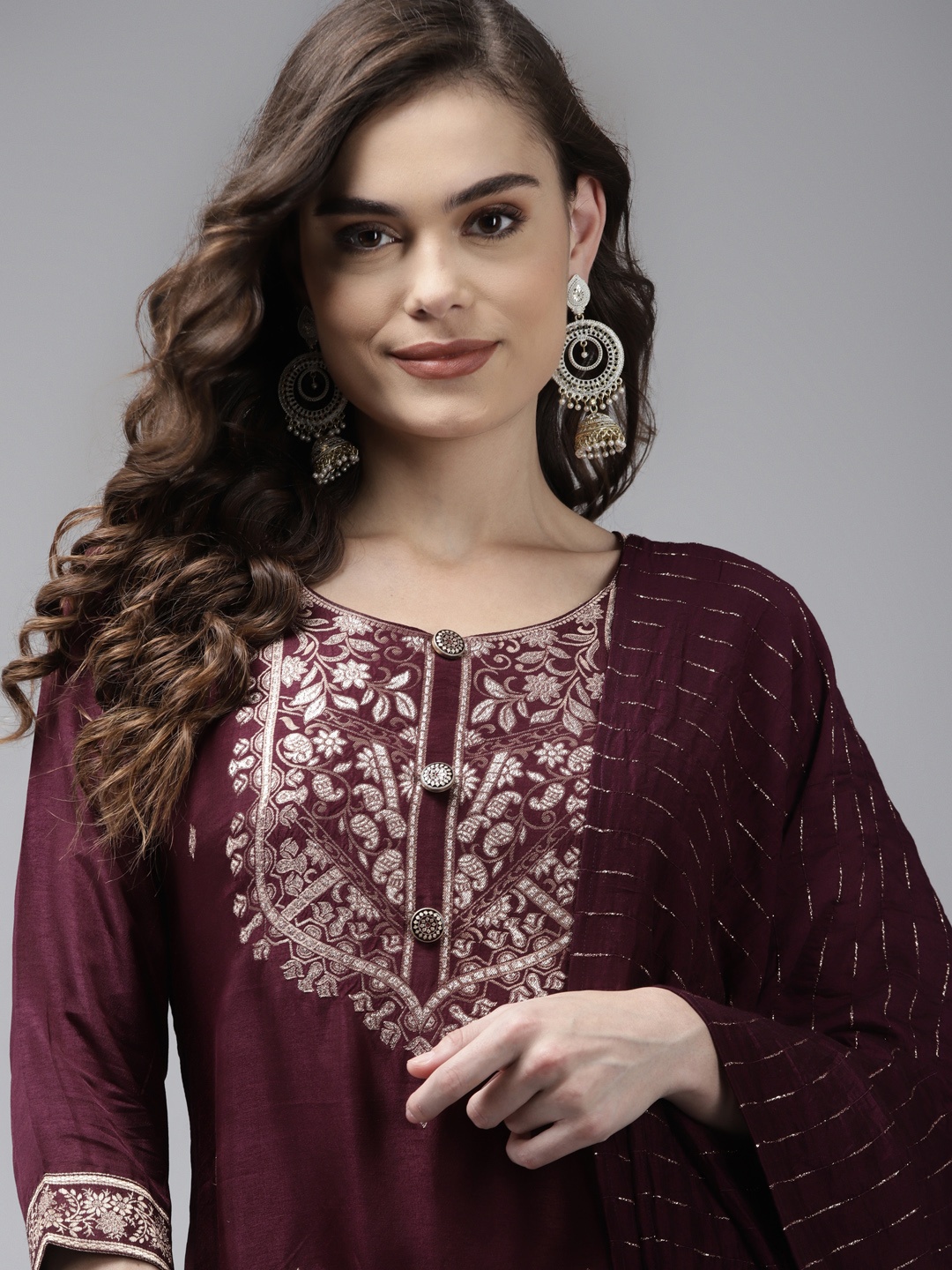 

Indo Era Women Burgundy Floral Embroidered Regular Liva Kurta With Palazzos & Dupatta