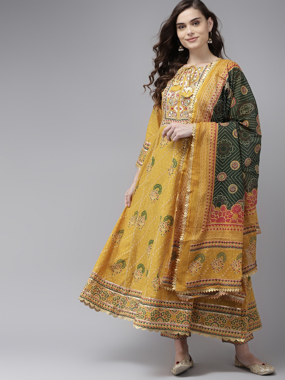 

Indo Era Bandhani Embroidered Regular Kurta with Trousers & With Dupatta, Yellow