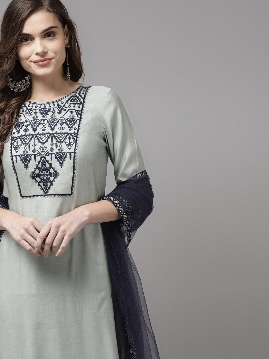 

Indo Era Women Grey Ethnic Motifs Yoke Design Regular Mirror Work Kurta with Trousers & With Dupatta