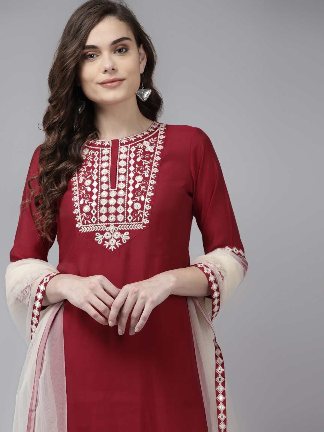 

Indo Era Women Maroon Floral Embroidered Regular Kurta with Trousers & With Dupatta