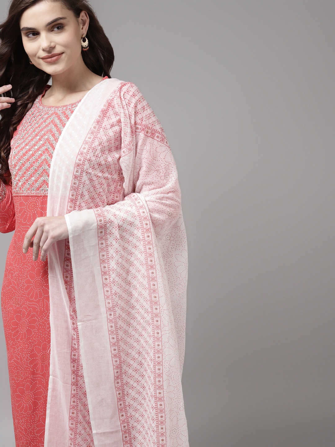 Indo Era Women Peach-Coloured Ethnic Motifs Yoke Design Regular Mirror Work Kurta with Trousers & With