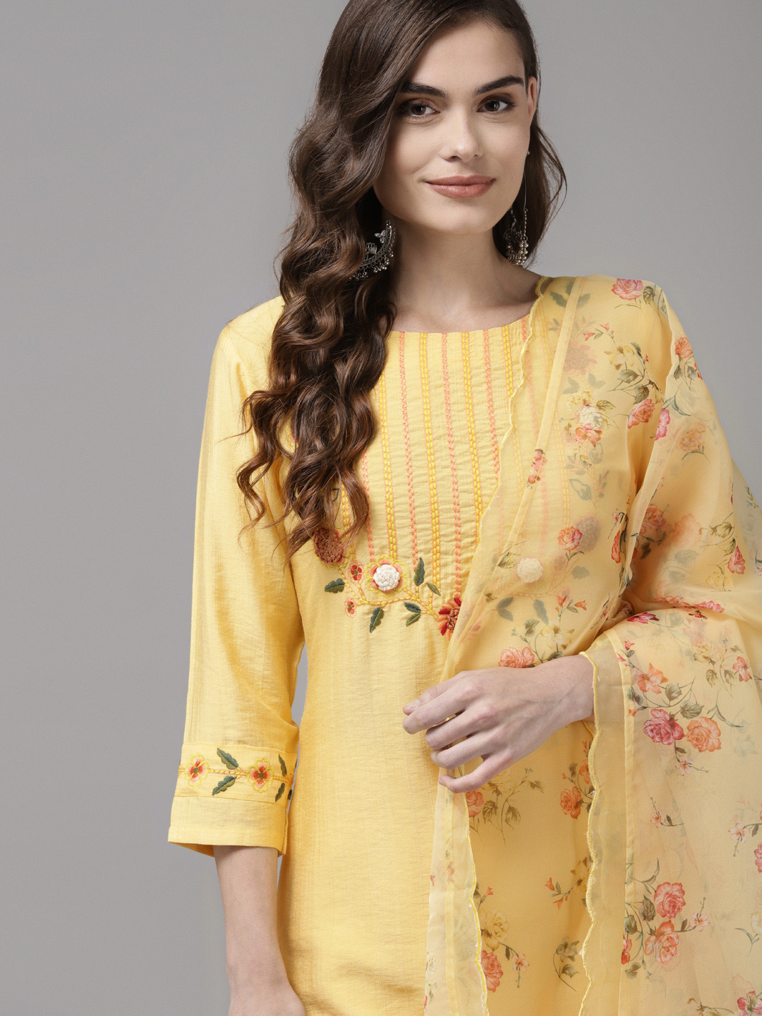

Indo Era Women Yellow Floral Yoke Design Regular Kurta with Trousers & With Dupatta