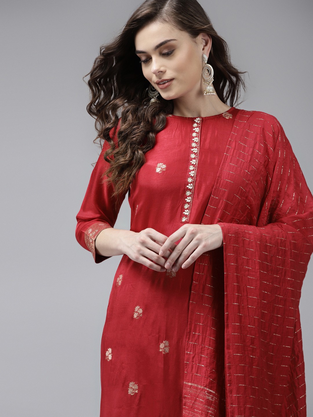 

Indo Era Women Red Floral Embroidered Regular Liva Kurta with Palazzos & With Dupatta