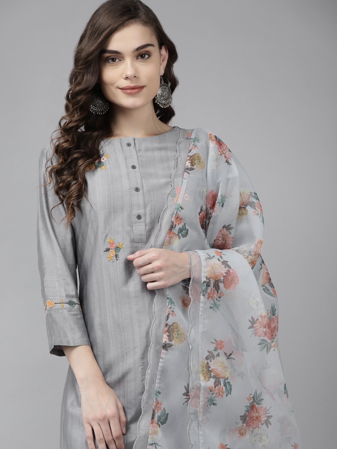 

Indo Era Women Grey Floral Embroidered Regular Kurta with Palazzos & With Dupatta