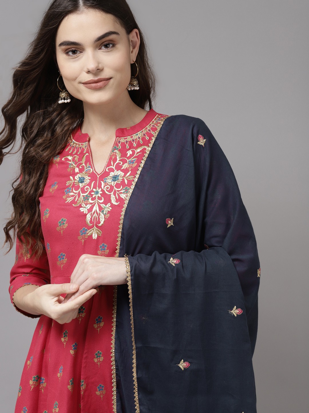 

Indo Era Women Pink Floral Printed Empire Gotta Patti Kurta with Sharara & With Dupatta