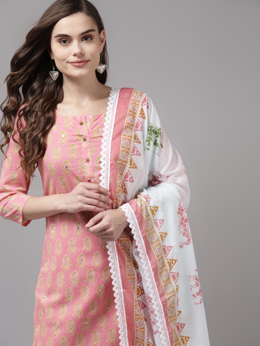 

Indo Era Women Peach-Coloured Ethnic Motifs Printed Regular Mirror Work Kurta with Trousers & With Dupatta