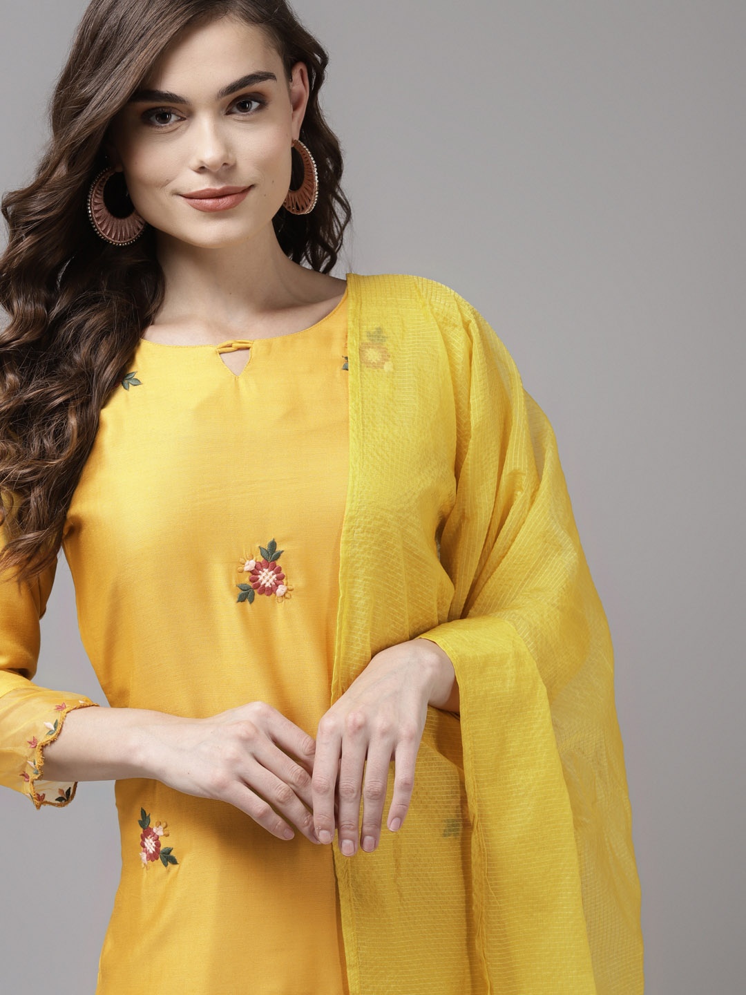 

Indo Era Women Yellow Floral Embroidered Regular Kurta with Trousers & With Dupatta