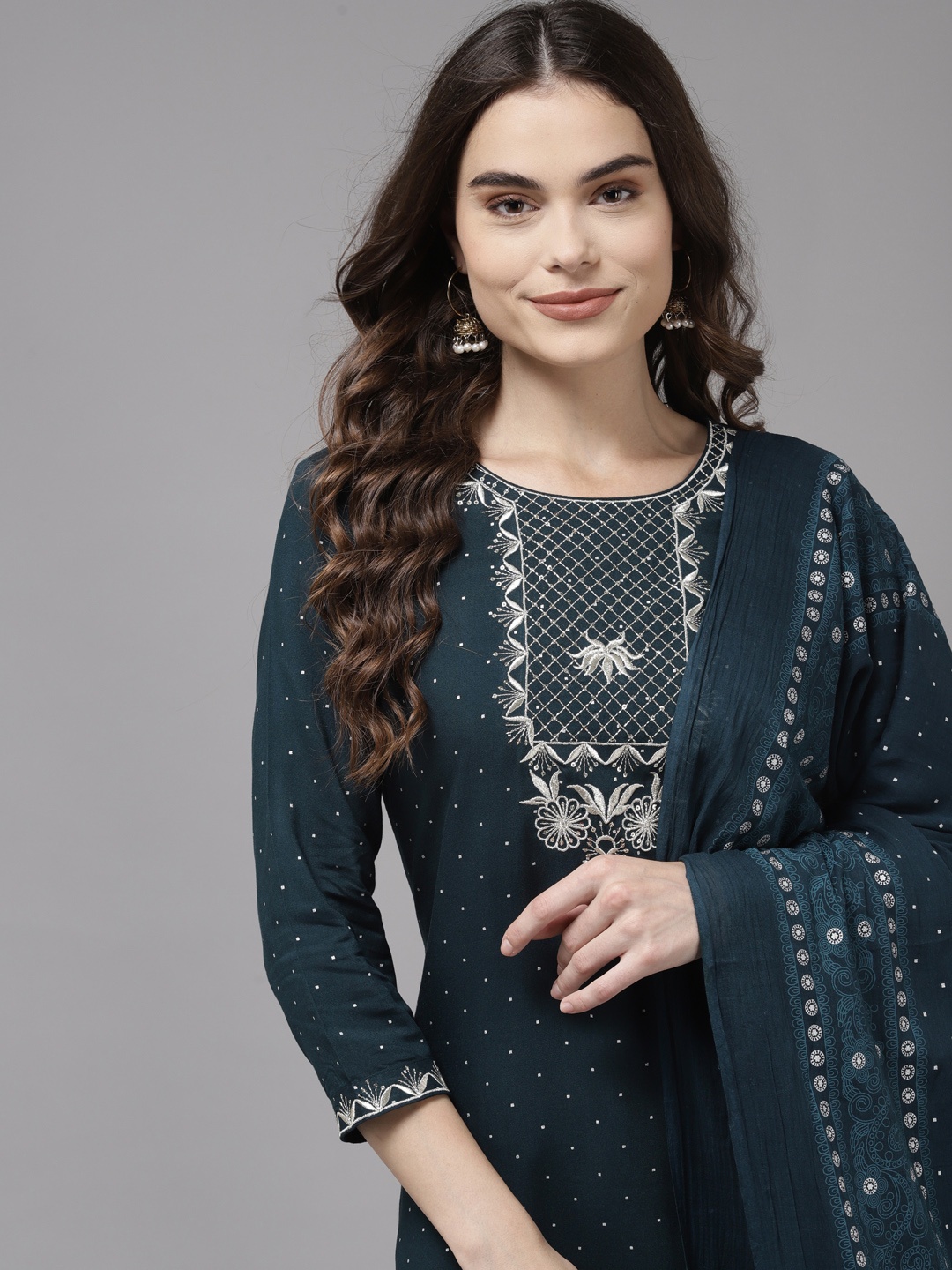 

Indo Era Women Teal Ethnic Motifs Yoke Design Regular Kurta with Trousers & With Dupatta