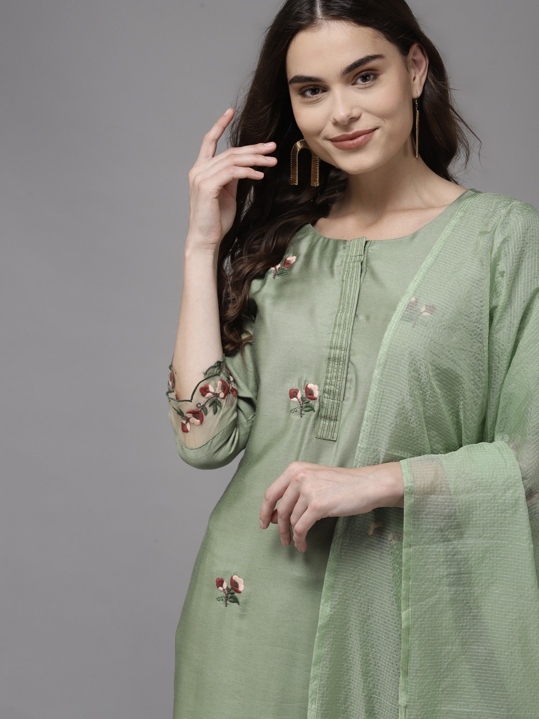 

Indo Era Women Green Floral Embroidered Regular Kurta with Trousers & With Dupatta