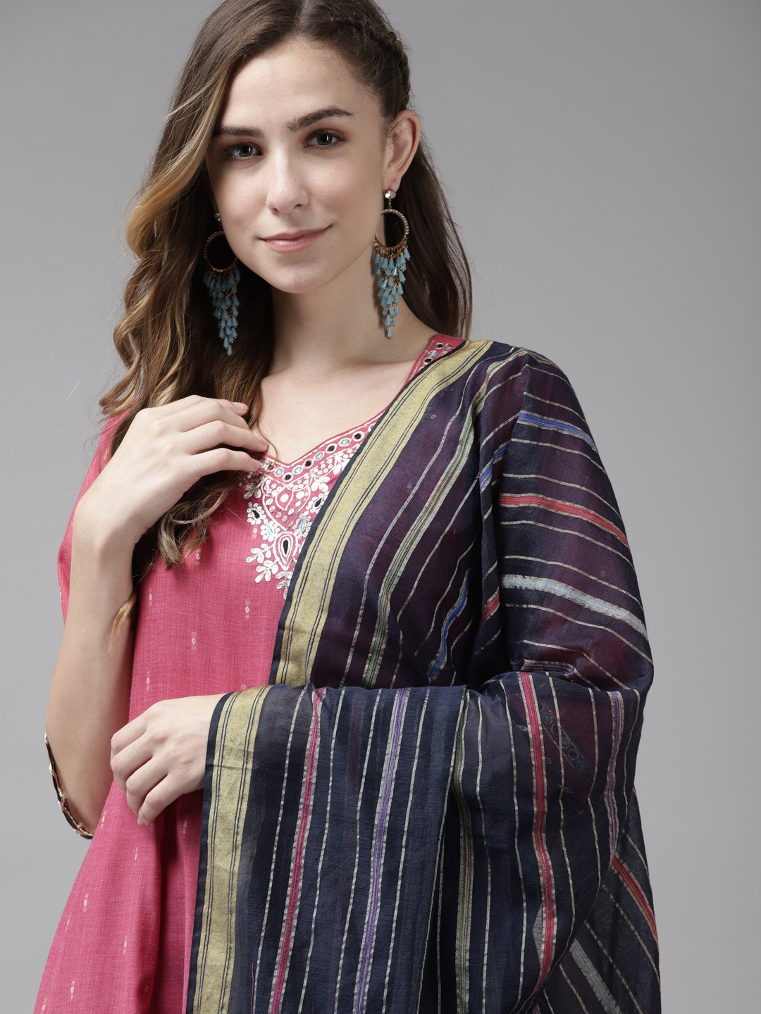 

Indo Era Women Pink Ethnic Motifs Printed Panelled Kurta with Trousers & With Dupatta