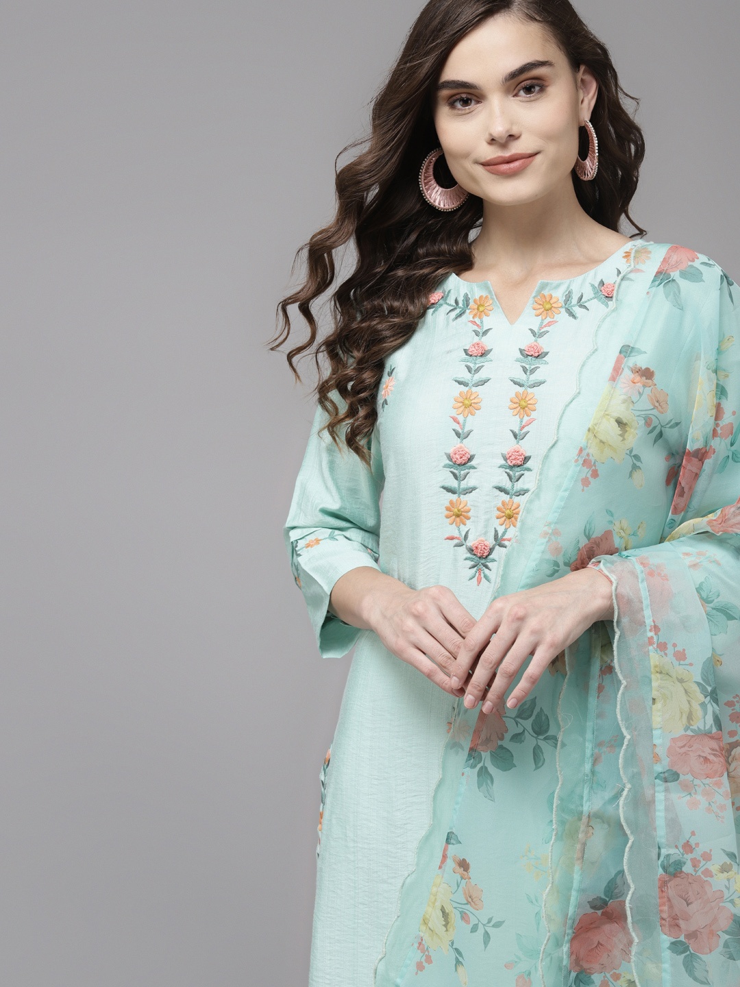 

Indo Era Women Sea Green Floral Embroidered Regular Kurta with Trousers & With Dupatta