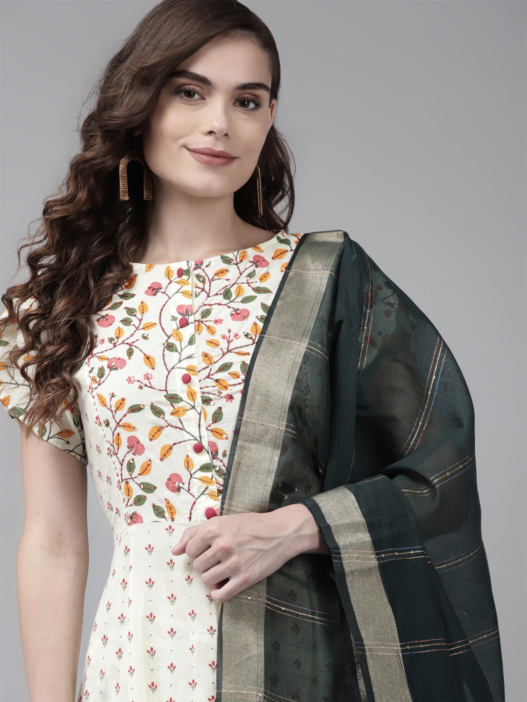 

Indo Era Women White Floral Printed Regular Kurta with Trouser & With Dupatta