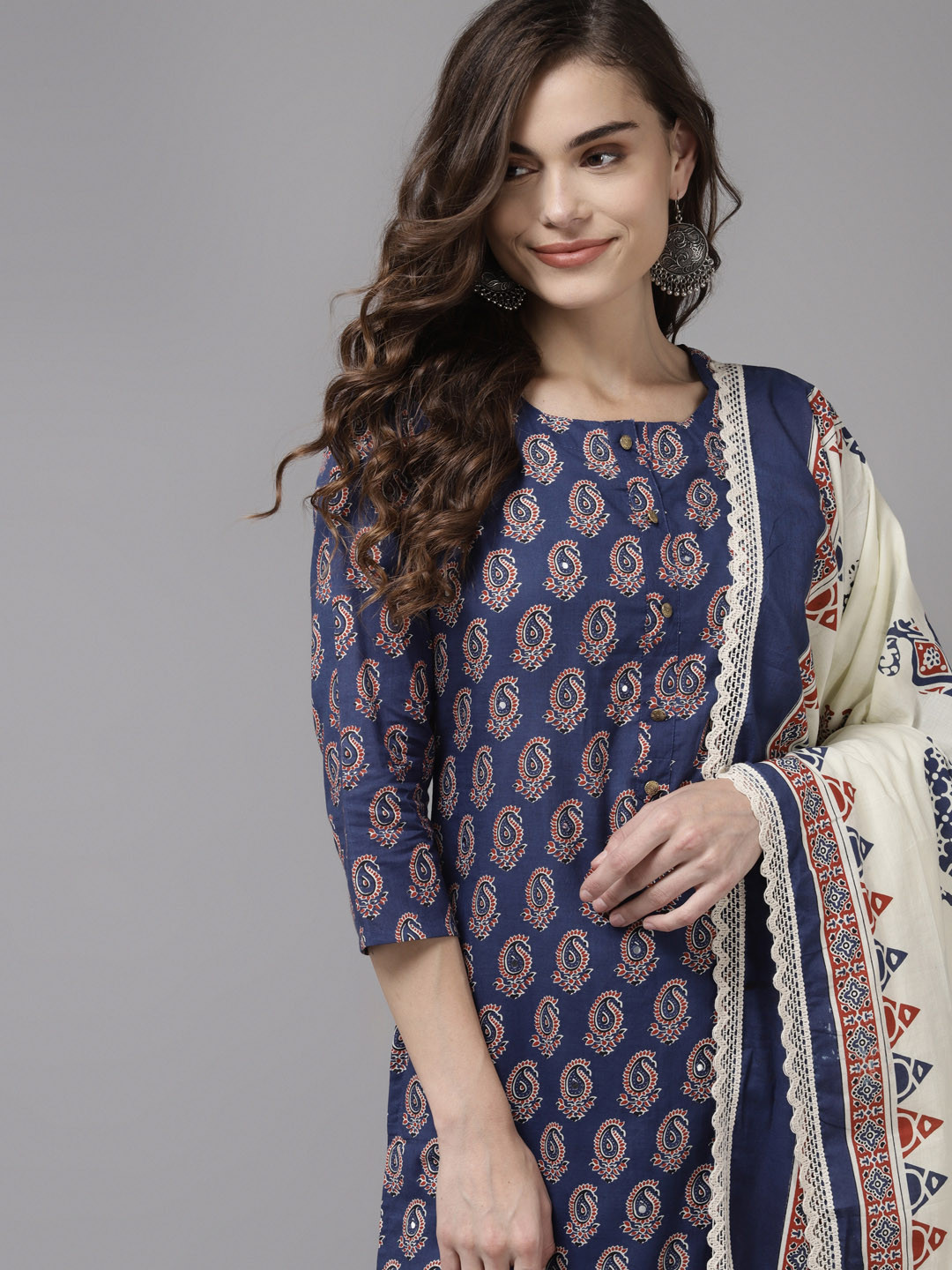 

Indo Era Women Blue Ethnic Motifs Printed Regular Mirror Work Kurta with Palazzos & With Dupatta