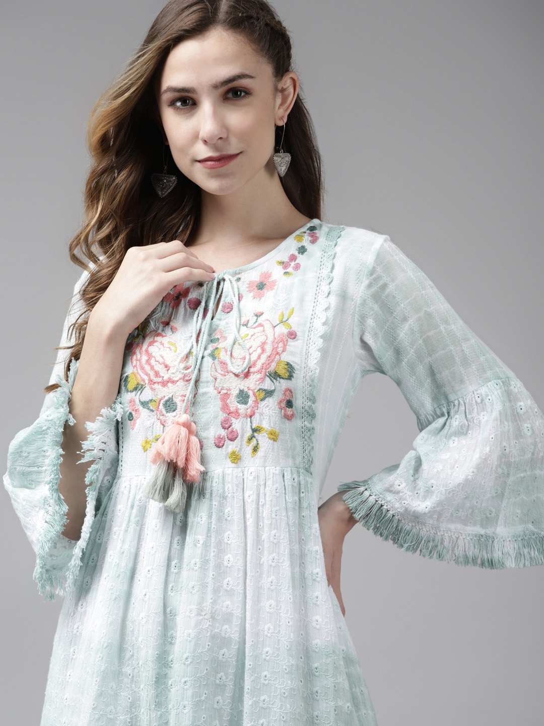 

Indo Era Women Blue Floral Yoke Design Flared Sleeves Floral Anarkali Kurta