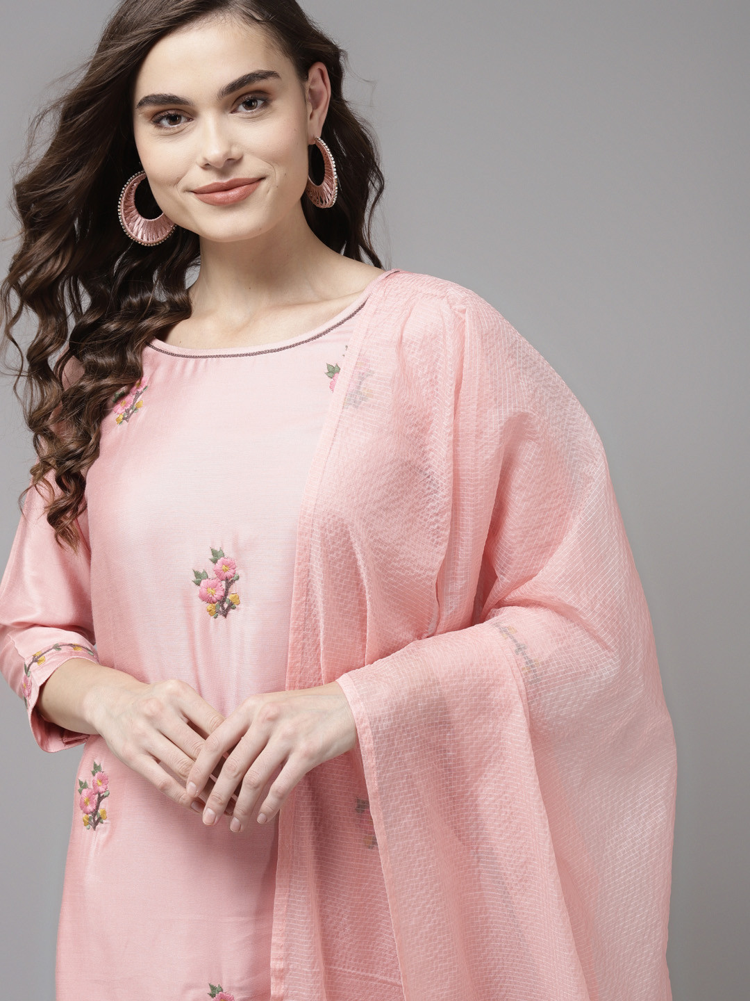 

Indo Era Women Pink Floral Embroidered Regular Kurta with Palazzos & With Dupatta