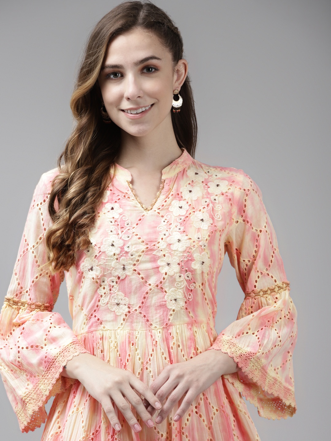 

Indo Era Women Peach-Coloured Floral Embroidered Flared Sleeves Anarkali Kurta