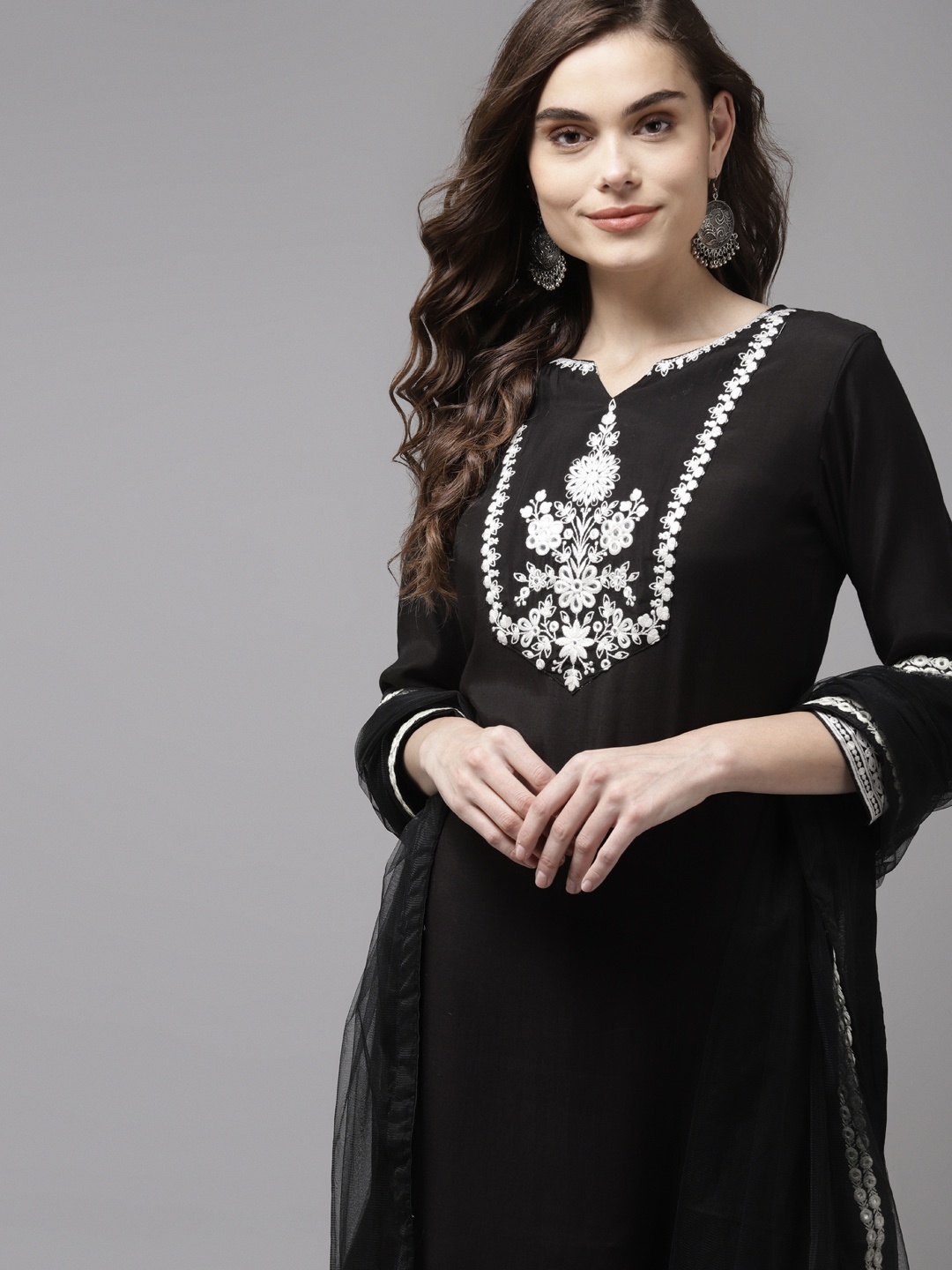 

Indo Era Women Black Floral Yoke Design Regular Kurta with Palazzos & With Dupatta