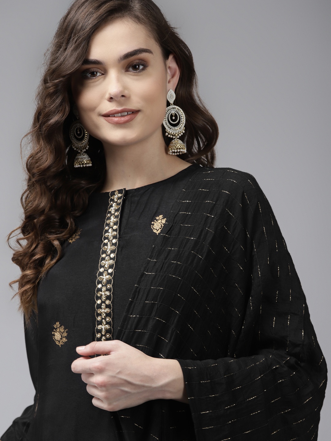 

Indo Era Women Black Floral Embroidered Kurta with Trousers & With Dupatta