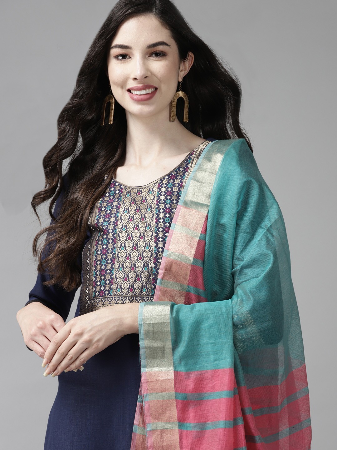 

Indo Era Women Navy Blue Yoke Design Regular Kurta with Palazzos & Dupatta